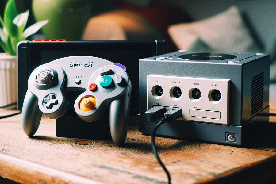 Nintendo Switch next to a GameCube